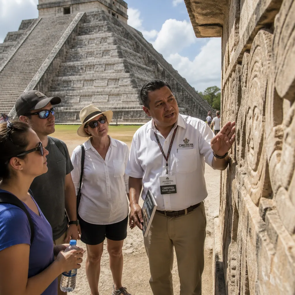 Small guided group listening to a certified guide in front of El Castillo at Chichen Itza