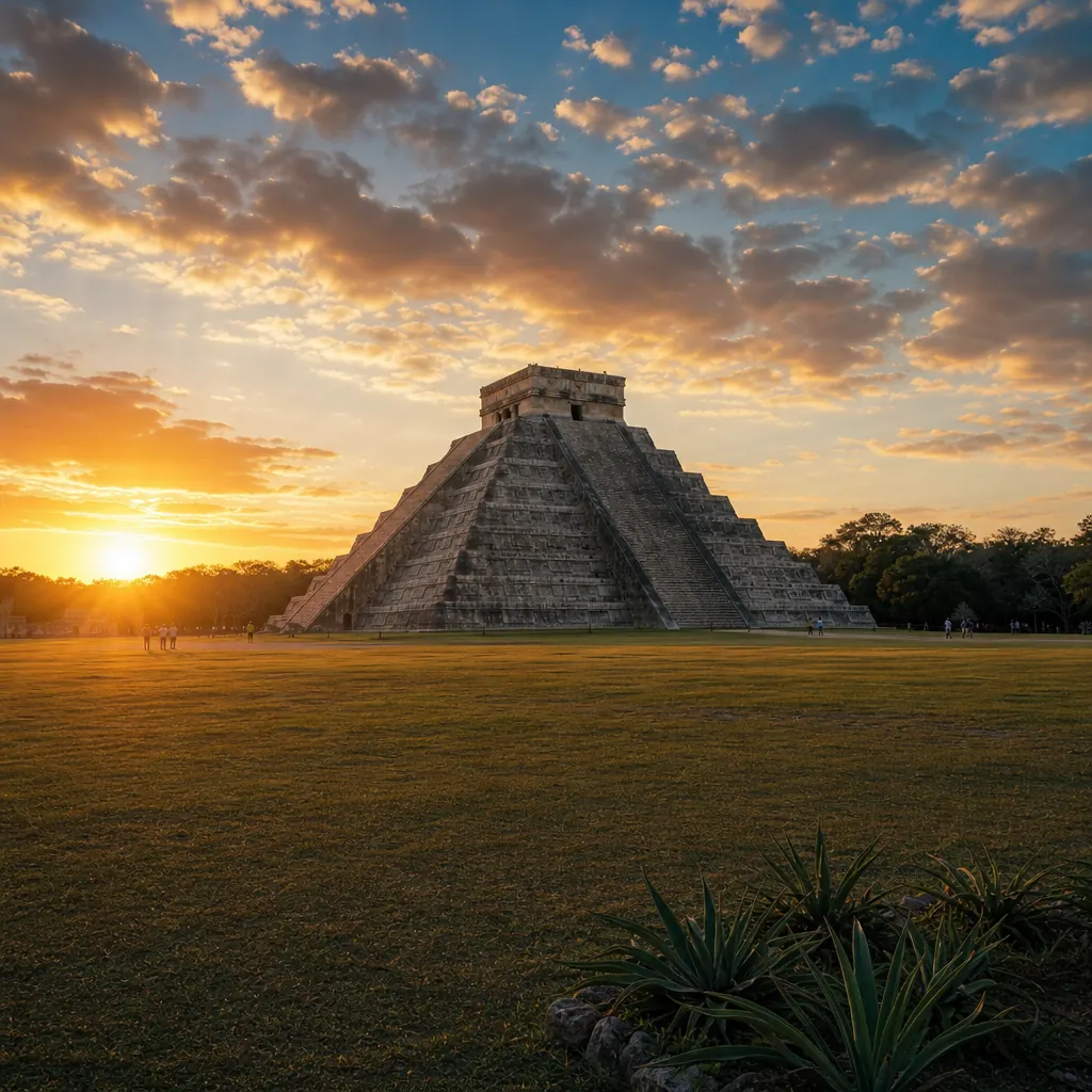 Sunrise over El Castillo at Chichen Itza with warm clouds above the main plaza