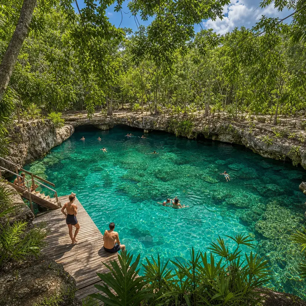Travelers descending into a turquoise cenote surrounded by jungle near Chichen Itza