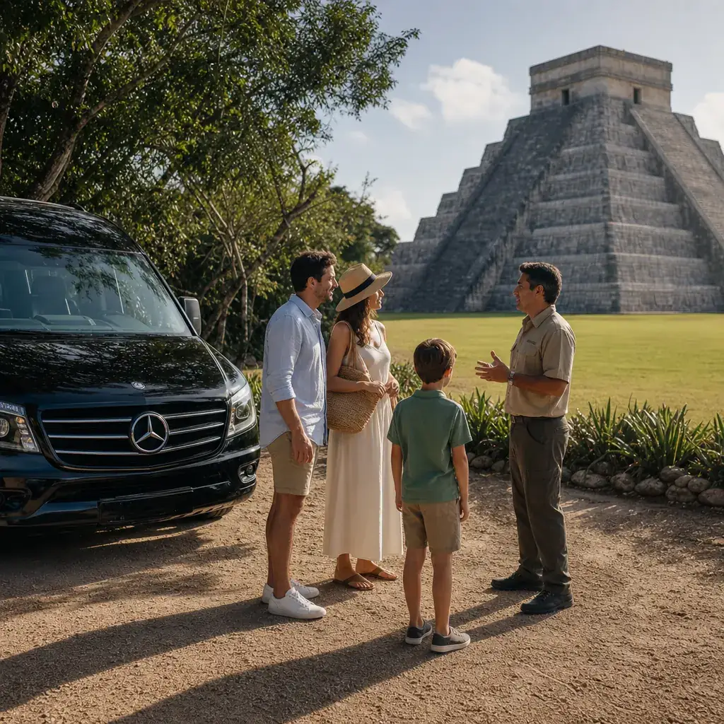 Private family tour meeting a guide beside a luxury van near El Castillo at Chichen Itza