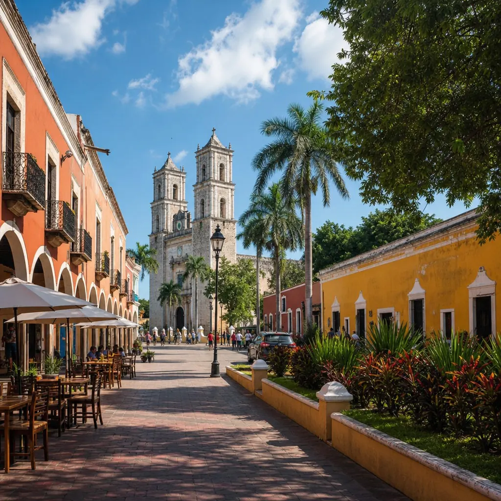 Colonial street and cathedral towers in Valladolid, Yucatan, on a day-trip stop